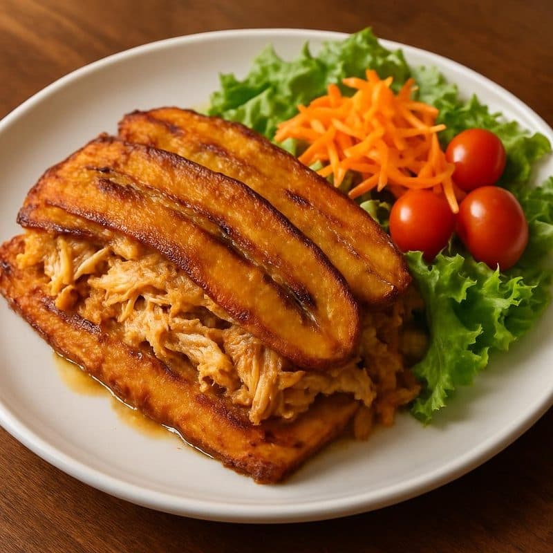 Lasaña de plátano maduro con pollo desmenuzado acompañada de ensalada