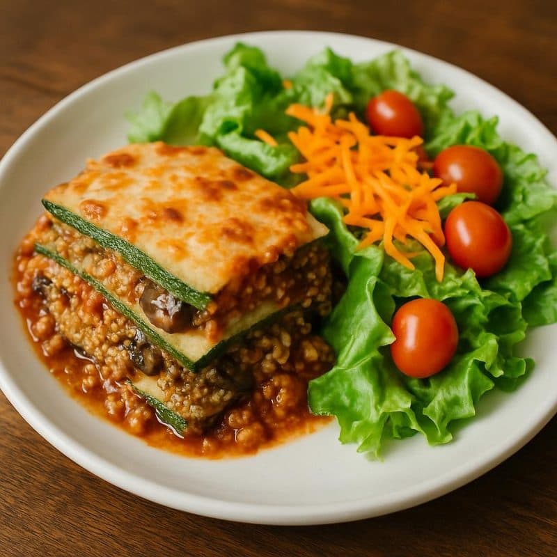 Lasaña de zucchini vegetariana con hongos y quinoa acompañada de ensalada