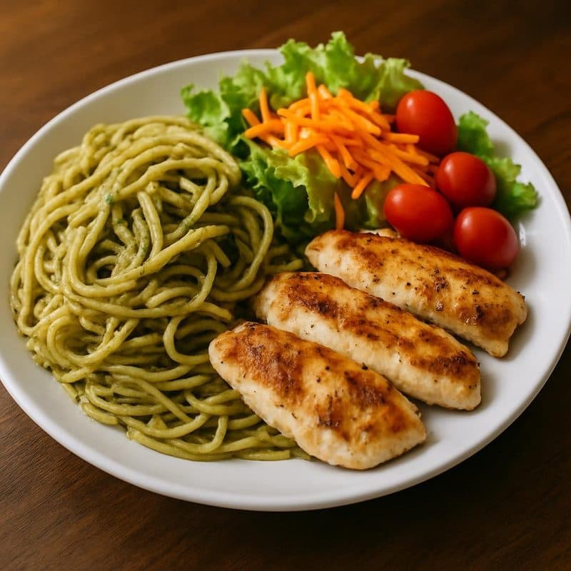 Pasta al pesto con pollo a la plancha acompañada de ensalada