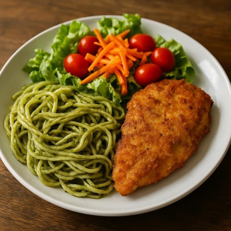 Pasta al pesto con pollo empanizado acompañada de ensalada