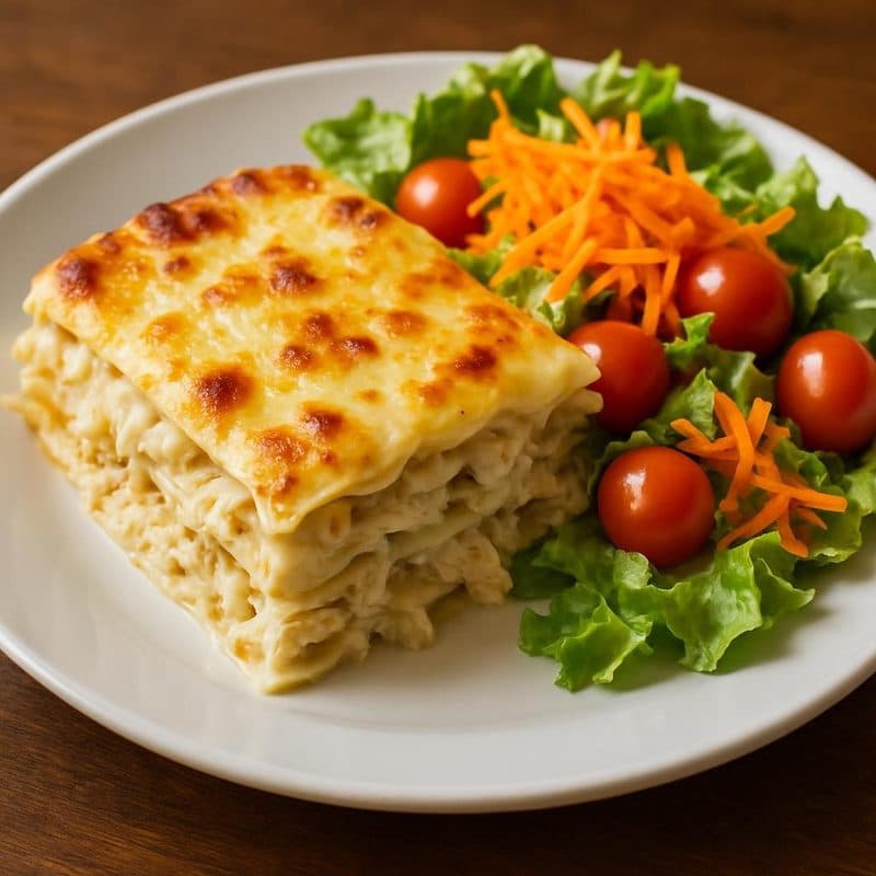 Lasaña de pollo en salsa blanca acompañada de ensalada