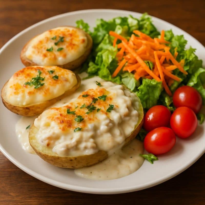 Papas rellenas de pollo en salsa blanca acompañadas con ensalada