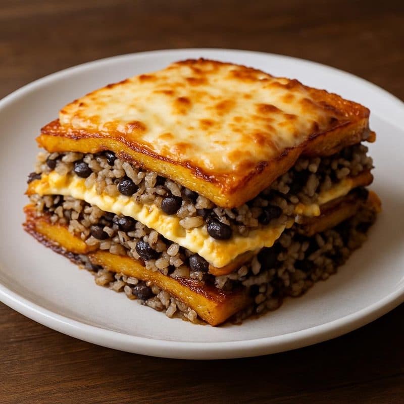 Lasaña de plátano maduro hecha con gallo pinto, huevo y queso